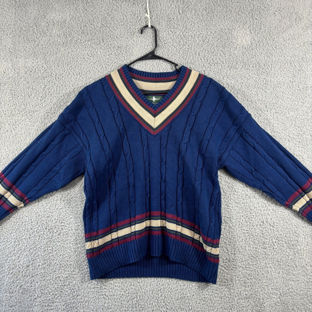 Hunt Club Mens V-Neck Cable Knit Sweater Blue Striped Made in USA Size L 1506